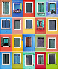 Image showing Collage of colorful windows with frames in Burano, Venice, Italy