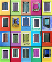 Image showing Collage of colorful windows with frames in Burano, Venice, Italy