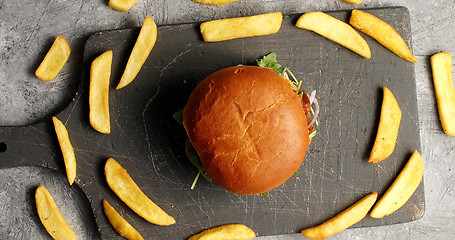 Image showing Composition of burger with fries