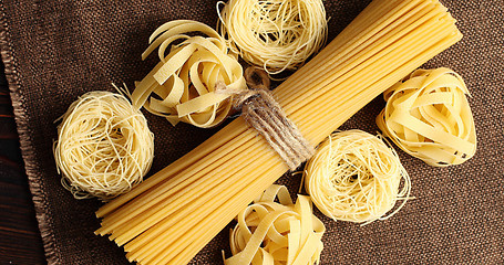 Image showing Top view of uncooked spaghetti in bunch