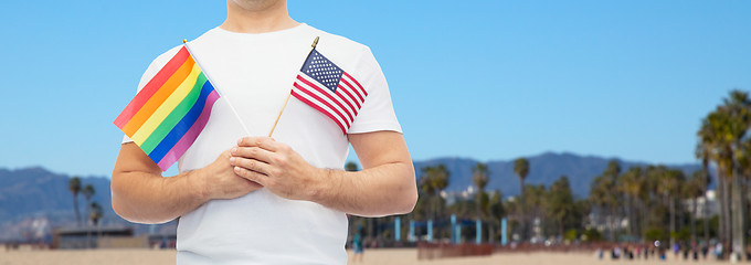 Image showing man with gay pride rainbow flag and american