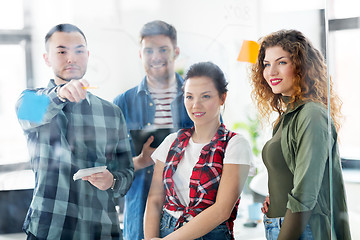 Image showing creative team writing on glass board at office