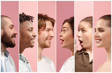 Image showing Profiles of multicultural people men and women on pink