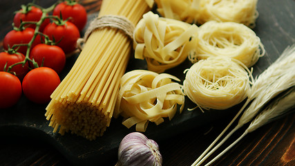 Image showing Dry pasta assortment on board