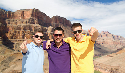 Image showing group of male friends hugging over grand canyon