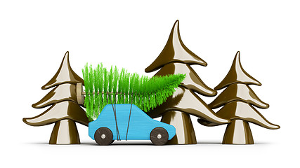 Image showing buying a christmas tree with a blue car