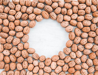 Image showing Walnuts on white wooden background with copy space