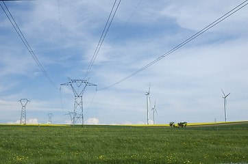 Image showing Electric pylons close to windturbines