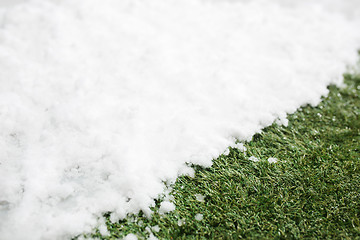 Image showing Meeting snow on green grass close up - between winter and spring concept background