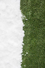 Image showing Meeting snow on green grass close up - between winter and spring concept background