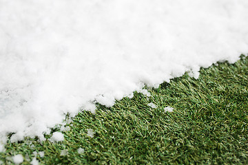 Image showing Meeting snow on green grass close up - between winter and spring concept background