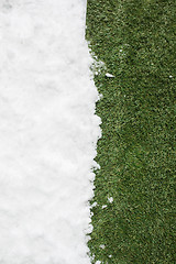 Image showing Meeting snow on green grass close up - between winter and spring concept background