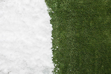 Image showing Meeting snow on green grass close up - between winter and spring concept background