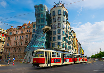 Image showing Dancing House and old tram