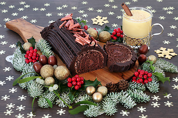 Image showing Chocolate Yule Log Cake and Eggnog