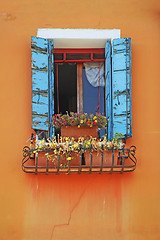 Image showing Window on a orange wall, decorated with flowers