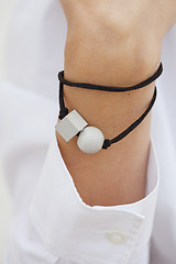 Image showing Stylish grey and black bead bracelet on female hand