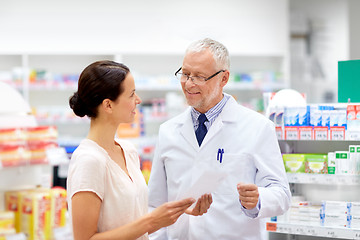 Image showing woman and apothecary with prescription at pharmacy