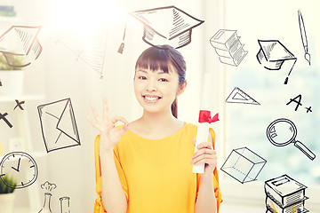 Image showing happy asian woman student with diploma at home