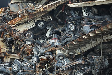 Image showing Pile of smashed car wrecks