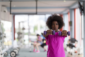 Image showing woman working out in a crossfit gym with dumbbells