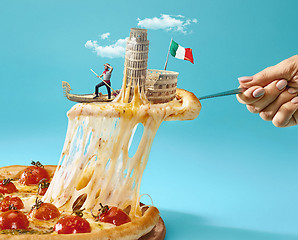 Image showing The collage about Italy with female hand, gondolier, pizza and and major sights