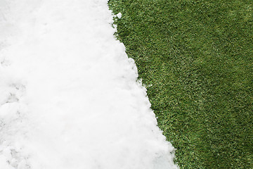 Image showing Meeting snow on green grass close up - between winter and spring concept background