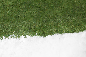 Image showing Meeting snow on green grass close up - between winter and spring concept background