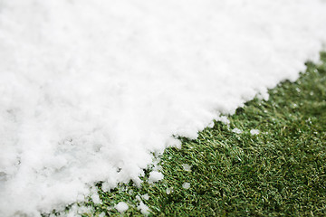 Image showing Meeting snow on green grass close up - between winter and spring concept background