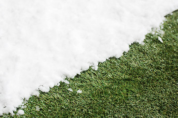 Image showing Meeting snow on green grass close up - between winter and spring concept background