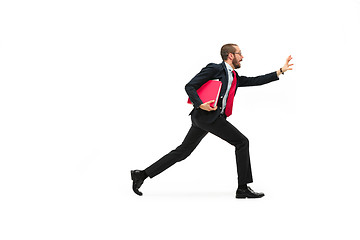 Image showing Businessman running with a folder on white background