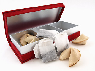 Image showing Tea and Fortune Cookies in a Red Box