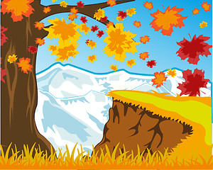 Image showing Bright landscape autumn and snow mountains.Vector illustration