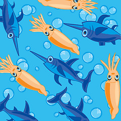 Image showing Sea animals squid and fish sword pattern on turn blue