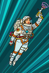 Image showing Superhero woman astronaut paratrooper with Blaster, science fict