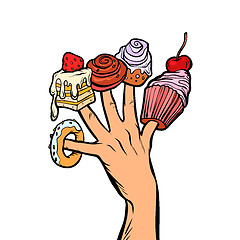 Image showing sweets cake cupcake donut marshmallow on fingers