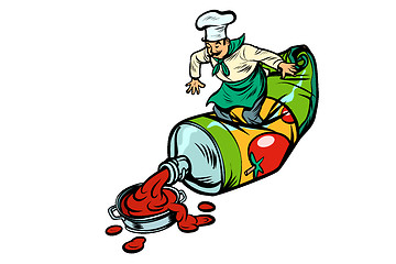 Image showing Little chef squeezes ketchup. Cooking food