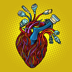 Image showing Cyber heart. Wires and cables