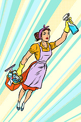 Image showing woman cleaner, superhero flying. service