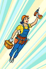 Image showing woman with drill, repair and construction. Superhero flying