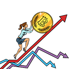 Image showing woman businesswoman roll a bitcoin coin up