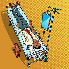 Image showing Dependency on gadgets concept. African man under medical dropper