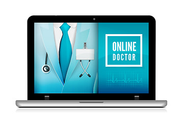 Image showing Online doctor consultation technology in laptop. Medical doctor in suit with stethoscope close up. Vector illustration
