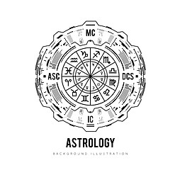 Image showing Astrology background. Natal chart, zodiac signs, houses and significators. HUD Interface futuristic design. Vector illustration