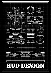 Image showing HUD futuristic user interface. Sci-Fi future technology display design. Business abstract background. Set graphs and charts. Infographics elements. Mock up vector template