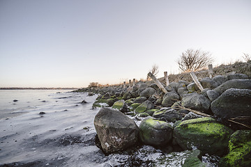 Image showing Rocks covered with green moss by a frozen lake