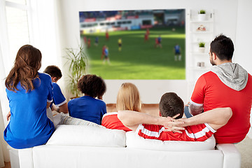 Image showing friends or football fans watching soccer at home