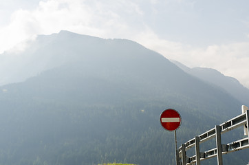 Image showing Road sign no enter in the mist