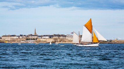 Image showing Seaside view of Saint Malo and sailboat