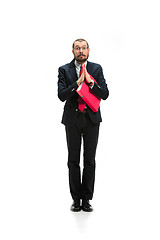 Image showing Choose me. Full body view of businessman on white studio background